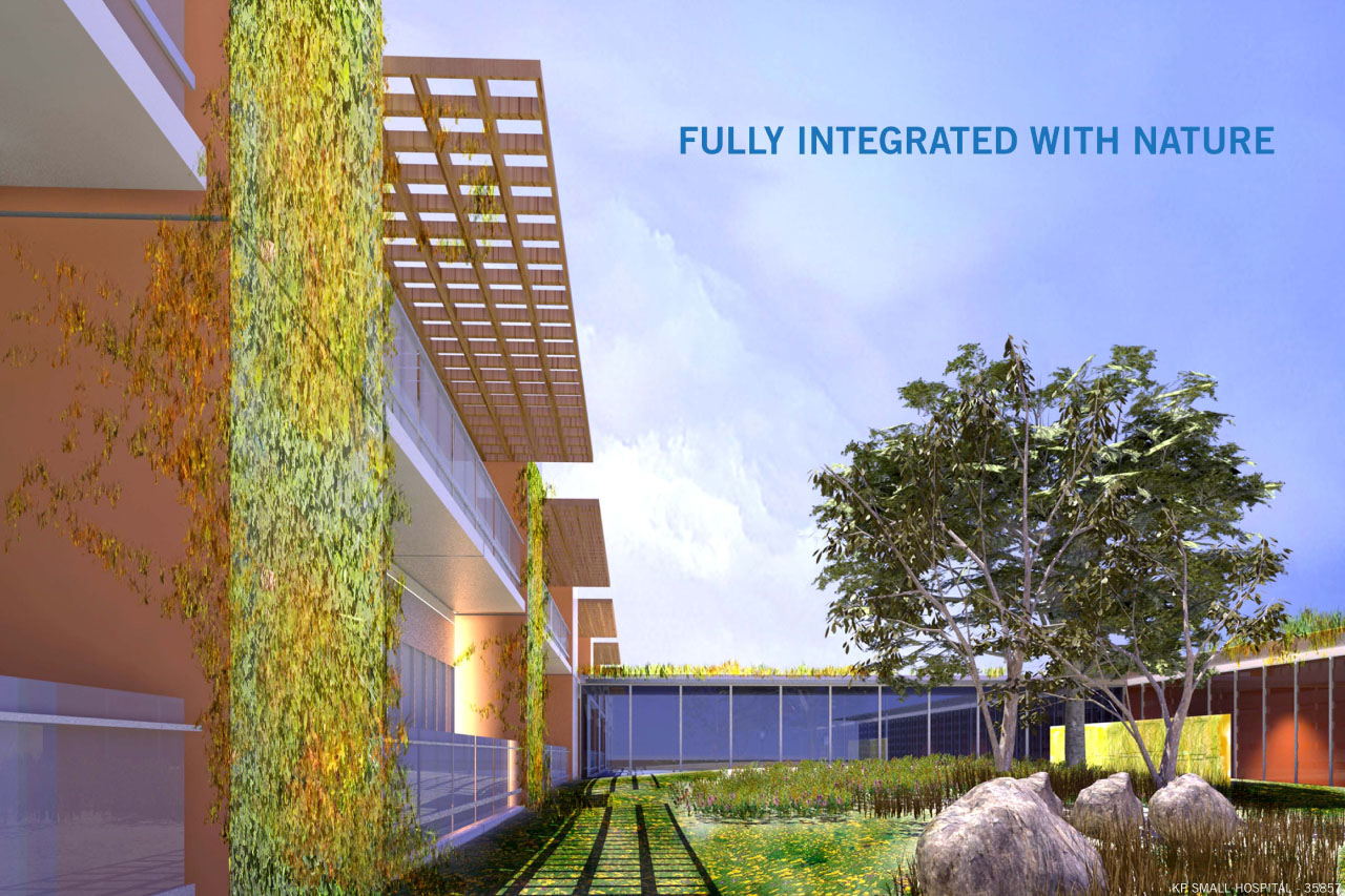 Perkins+Will设计的一幅医院效图，展示了与自然的融合。Perkins+Will是Kaiser Permanente的小型医院，Big Idea竞赛的决赛选手。